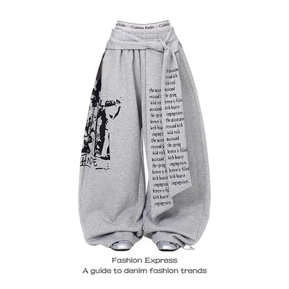 ZHIZOU Women Gray Gothic Baggy Y2K Letter Print Pants Harajuku 2000S Vintage Oversize Sweatpants Wide Leg Trousers Autumn 2025