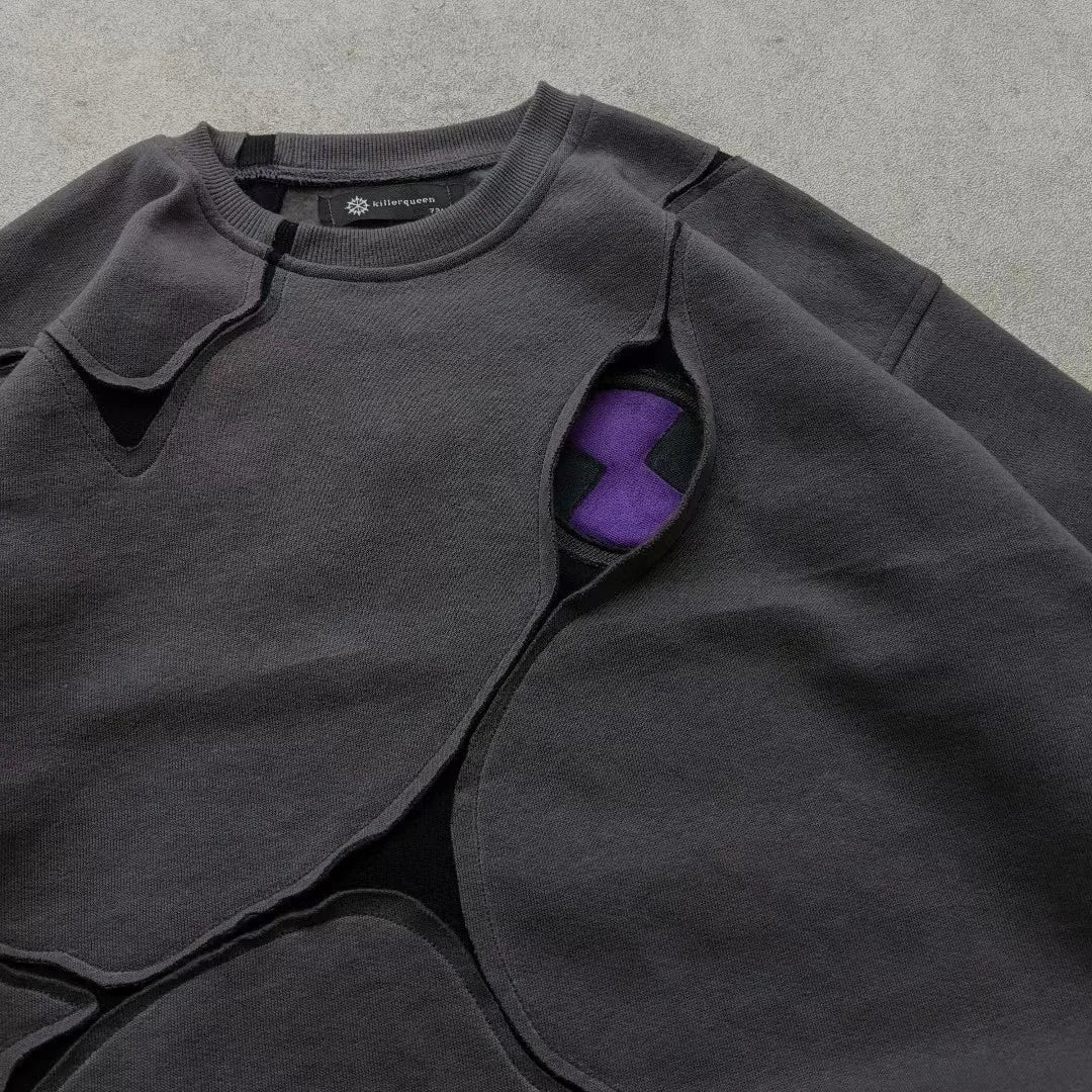 New Y2K Millennium Dark Style Patchwork Contrasting Hoodie, Worn Grey Purple Contrasting Deconstruction Loose round Neck Shirt