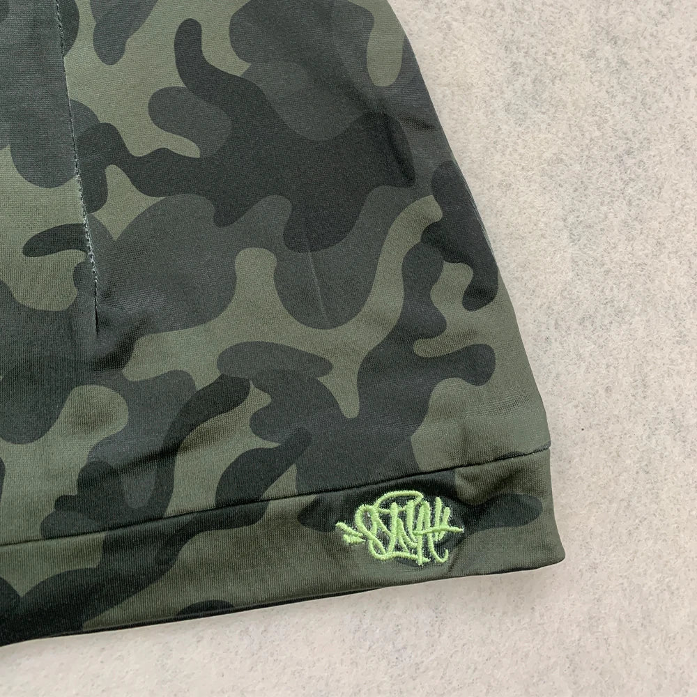 Dark Alt Fashion Camo Beanie Unisex with Neon Green Embroidery for Streetwear and Couple Outfit