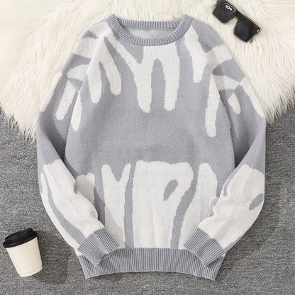 New Popular Autumn Winter Irregular Jacquard Pattern Pullover Sweater Casual round Neck Contrast Color Knitted Men'S Pullover