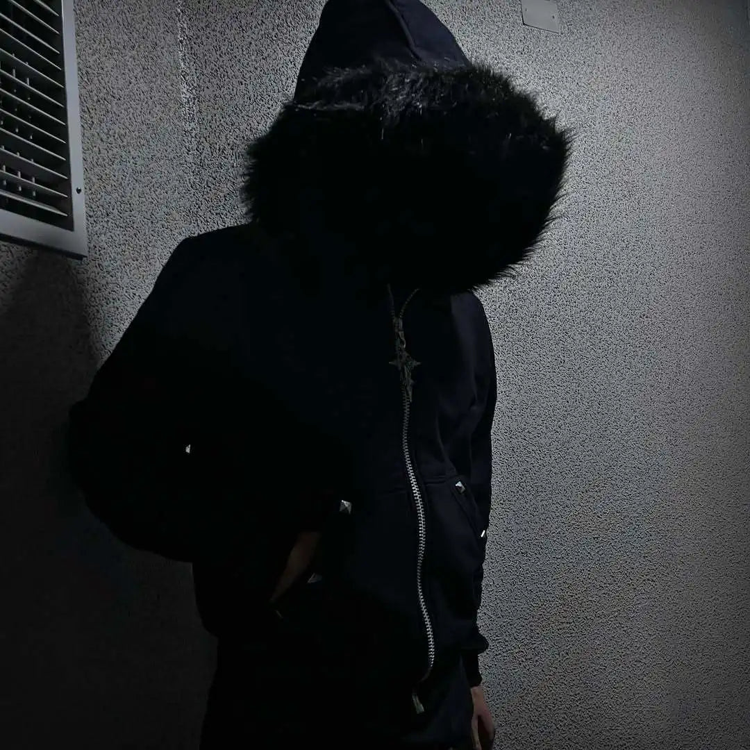 Y2K Style Hoodie Fluffy Sherpa Fleece Pullover Long Sleeve Zip up Retro Streetwear Vintage 2000S Sweatshirt for Women Men Unisex