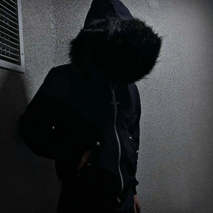 Y2K Style Hoodie Fluffy Sherpa Fleece Pullover Long Sleeve Zip up Retro Streetwear Vintage 2000S Sweatshirt for Women Men Unisex