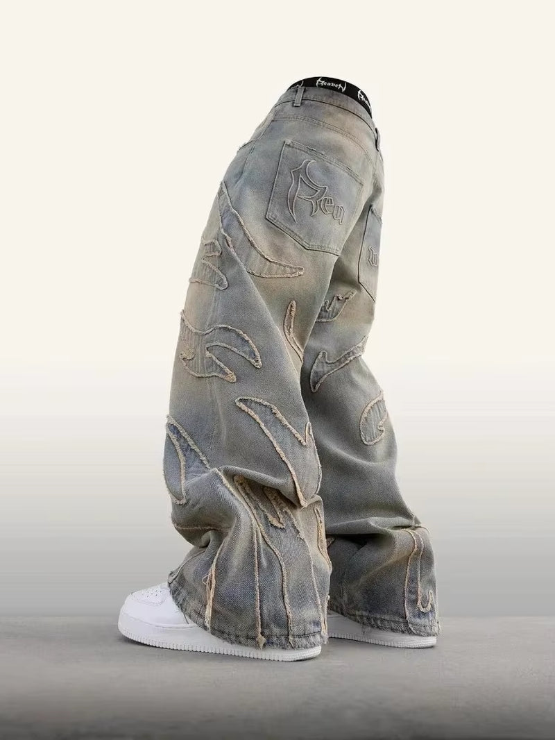 2024 American New Fashion Patch Baggy Casual Jeans for Men and Women Y2K High Street Harajuku High Waist Wide Leg Denim Trousers