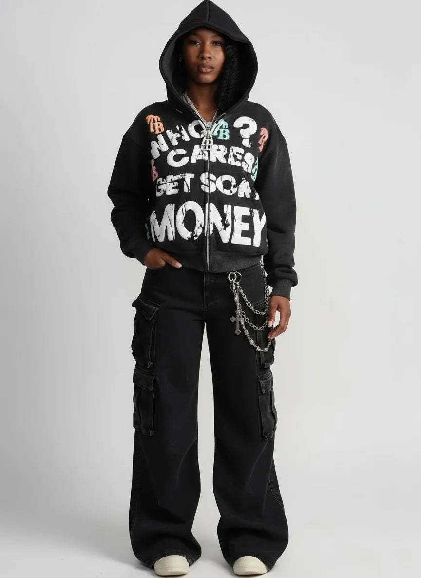 American retro Gothic rock letter print hoodie with hat, loose and versatile Harajuku sweatshirt