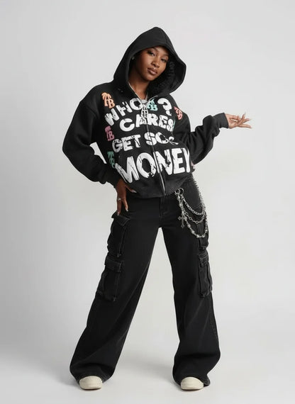 American retro Gothic rock letter print hoodie with hat, loose and versatile Harajuku sweatshirt
