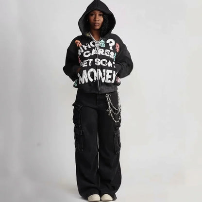 American retro Gothic rock letter print hoodie with hat, loose and versatile Harajuku sweatshirt