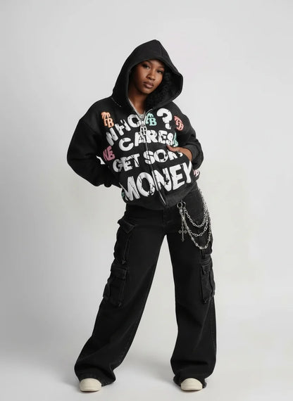 American retro Gothic rock letter print hoodie with hat, loose and versatile Harajuku sweatshirt