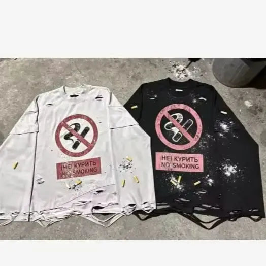 Y2K Cigarette Pattern Print Streetwear Harajuku Hip Hop Ripped Long Sleeve Top Gothic Fashion Crew Neck Sweatshirt Men Women