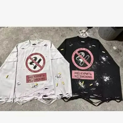 Y2K Cigarette Pattern Print Streetwear Harajuku Hip Hop Ripped Long Sleeve Top Gothic Fashion Crew Neck Sweatshirt Men Women