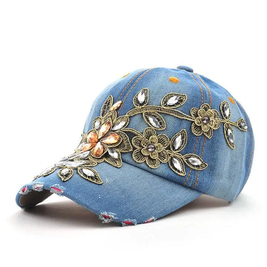 Denim Floral Rhinestone Baseball Cap