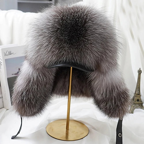 New Winter Men's 100% Real Silver Fox Fur Bomber Hat Raccoon Fur Ushanka Cap Trapper Russian Man Ski Hats Caps Real Leather
