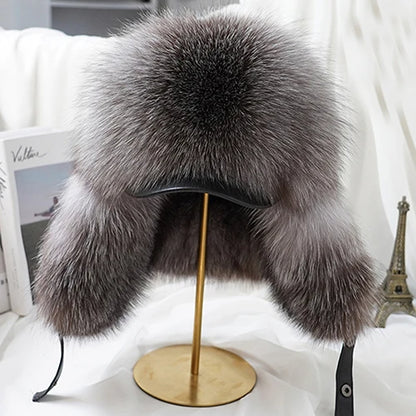 New Winter Men's 100% Real Silver Fox Fur Bomber Hat Raccoon Fur Ushanka Cap Trapper Russian Man Ski Hats Caps Real Leather