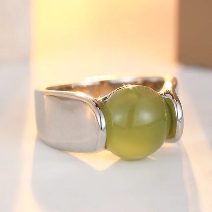 Trendy Inlaid Green Stone Women's Ring Aesthetic Silver Color Geometry Daily Wear Party Jewelry Anniversary Gift
