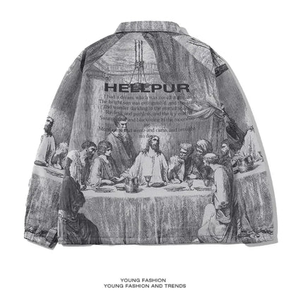 Autumn Men Jacket Oversized Painting Printing Couples Thin Casual Jackets Male Female Silk Vintage Clothing Man Coats Outerwear