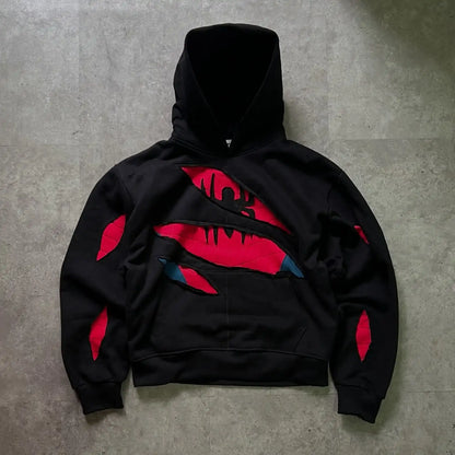 American Style Harajuku Style Space Destruction Hoodie with Fashionable and Personalized Patchwork Red Spider Print Loose Hoodie
