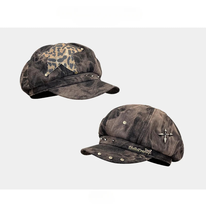 Punk Rivet Star Sticker Berets for Women Fashion Hip Hop Hats Versatile Retro Tie-dye Newsboy Hats
