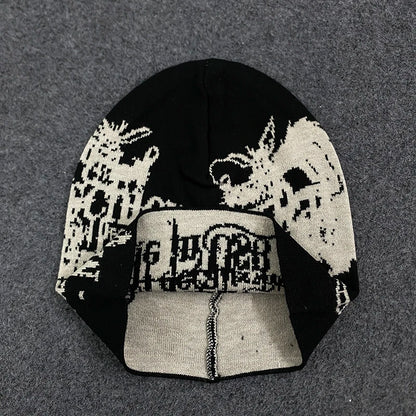 Gothic Dragon Print Letter Graphic Beanie Women 2026 Black Y2K Punk Streetwear Hat