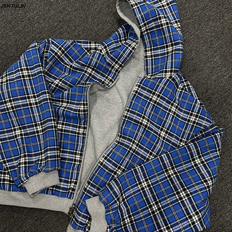 American Double-Sided Plaid Loose Zipper Hoodie Men Y2K New Harajuku Hip-Hop Gothic Couple Casual Joker Sweatshirt Street Wear