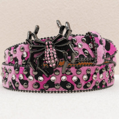 Leopard Print Rhinestone Belt, Large Spider Buckle Gothic Belt, Suitable for Jeans, 3.8cm Wide Y2K Punk Belt for Men and Women.