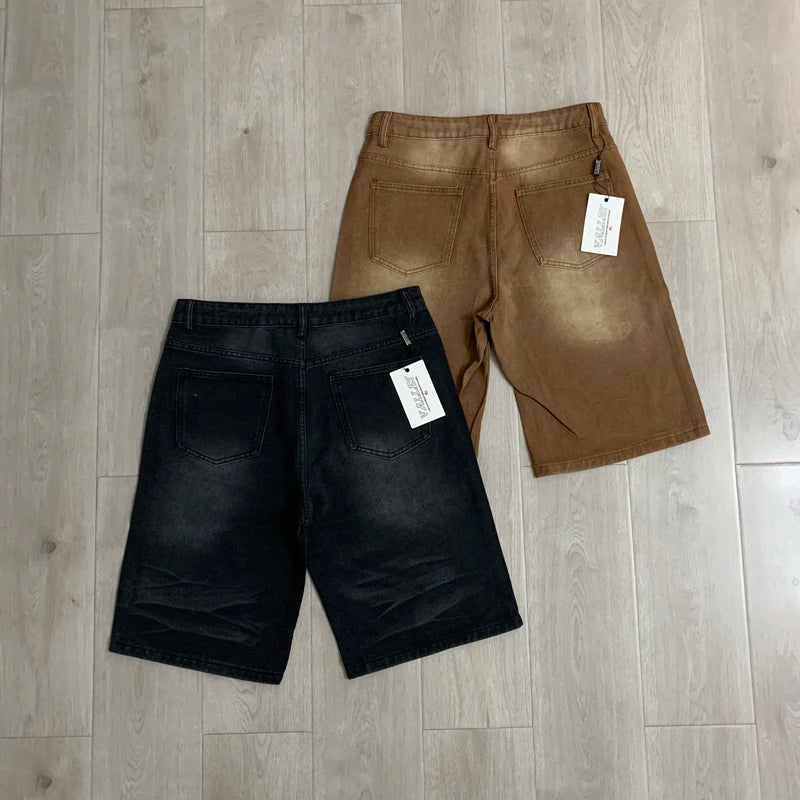 Colorful Rhinestone VALLEY Embroidery Patch Label Denim Shorts Jorts Men Women High Quality Loose Straight Short Jeans