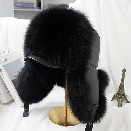 New Winter Men's 100% Real Silver Fox Fur Bomber Hat Raccoon Fur Ushanka Cap Trapper Russian Man Ski Hats Caps Real Leather