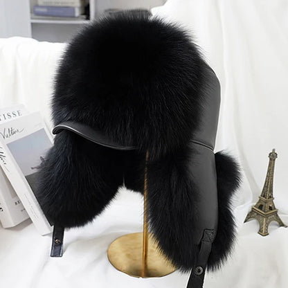 New Winter Men's 100% Real Silver Fox Fur Bomber Hat Raccoon Fur Ushanka Cap Trapper Russian Man Ski Hats Caps Real Leather