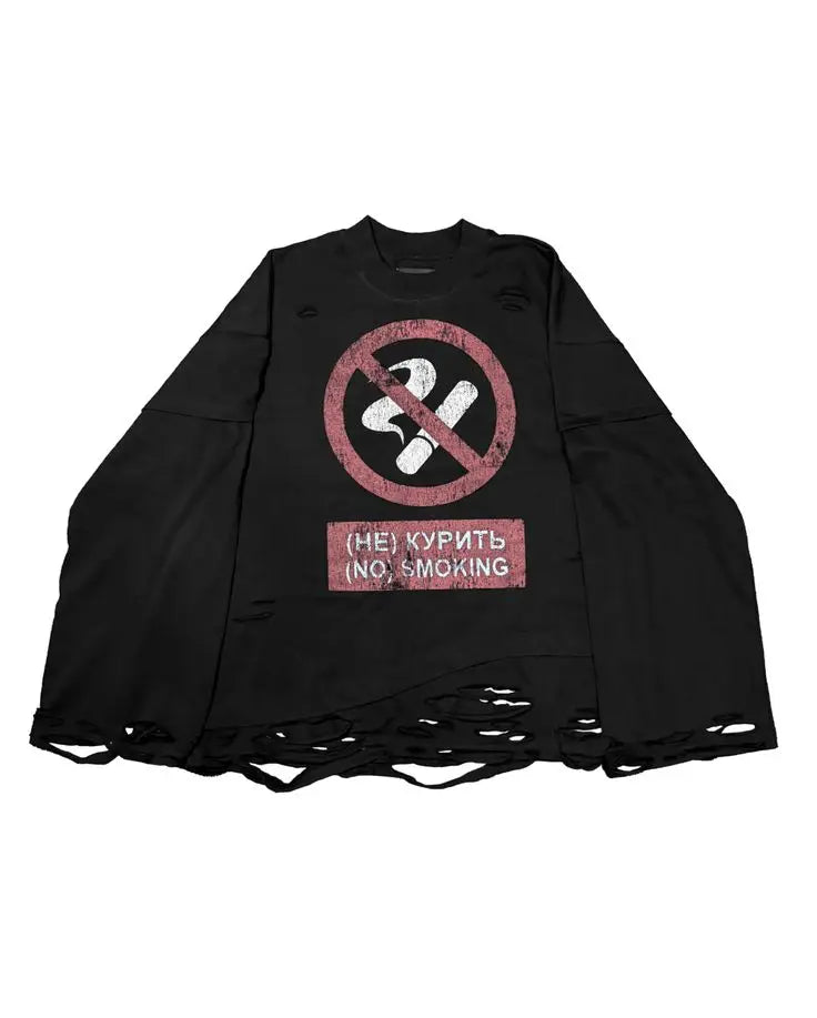 Y2K Cigarette Pattern Print Streetwear Harajuku Hip Hop Ripped Long Sleeve Top Gothic Fashion Crew Neck Sweatshirt Men Women