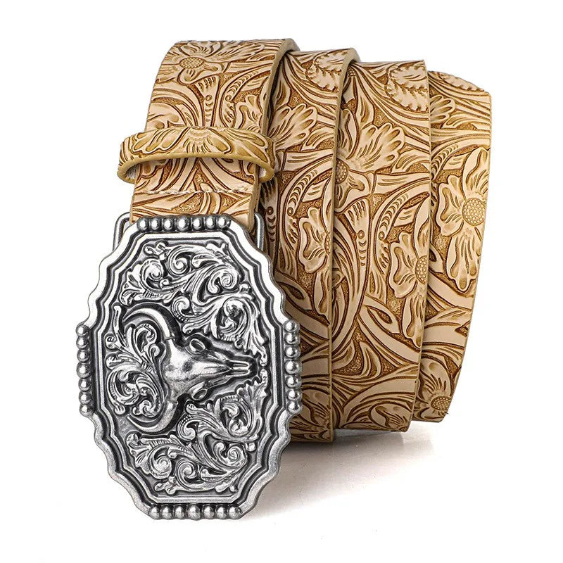Western Bull Ox Head Leather Buckle Belt