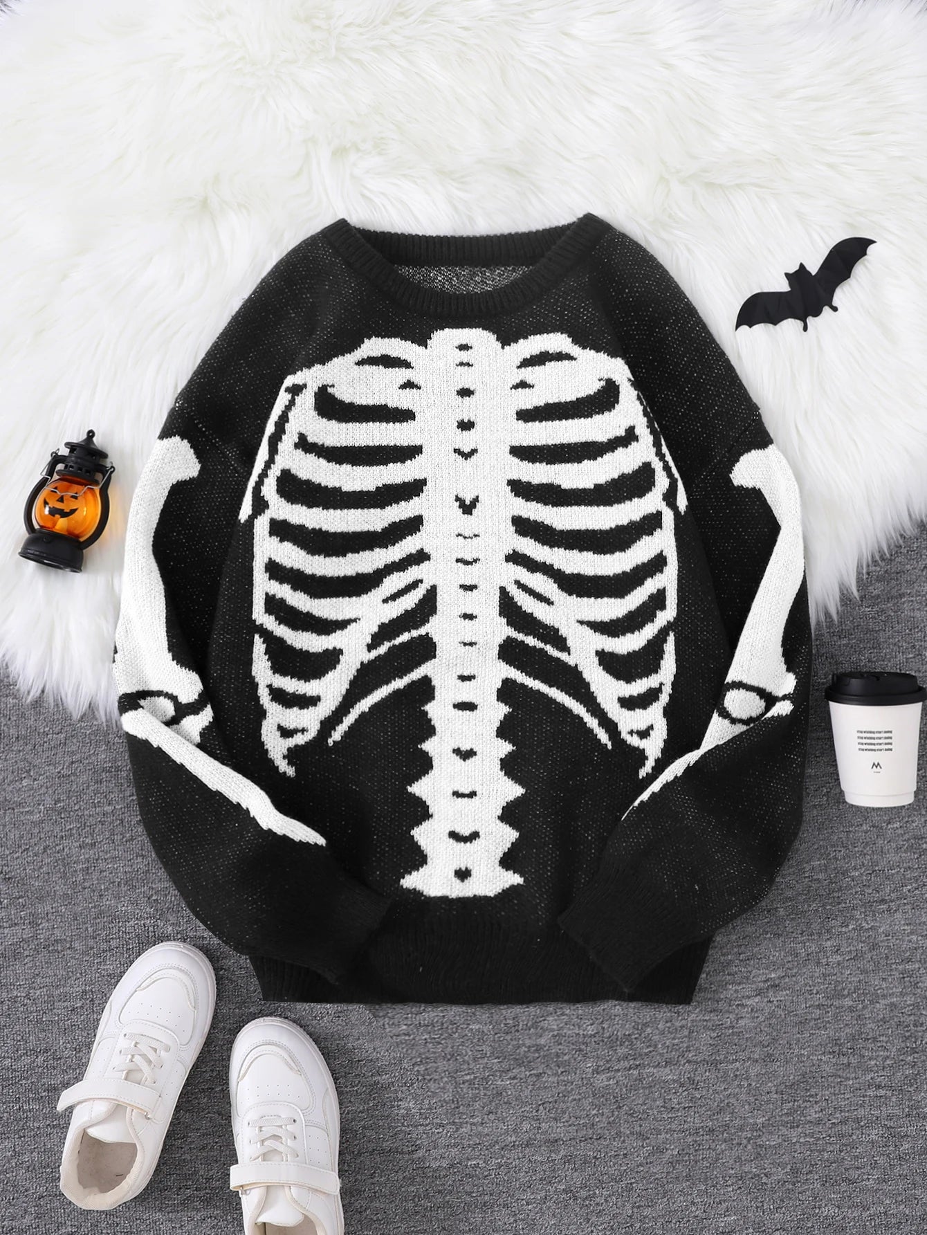 New Trendy Body Skeleton Jacquard Pattern Pullover Sweater Casual Round Neck Color-Blocking Knit Men's Pullover
