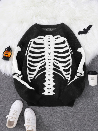 New Trendy Body Skeleton Jacquard Pattern Pullover Sweater Casual Round Neck Color-Blocking Knit Men's Pullover