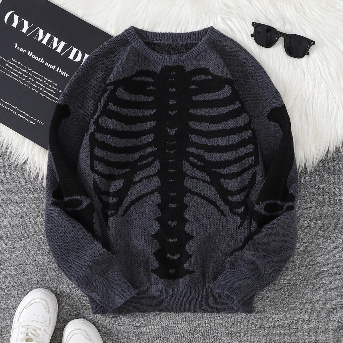 New Trendy Body Skeleton Jacquard Pattern Pullover Sweater Casual Round Neck Color-Blocking Knit Men's Pullover