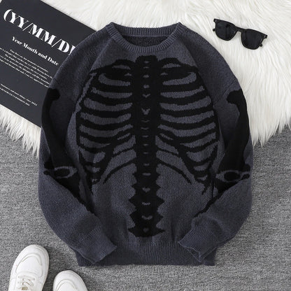 New Trendy Body Skeleton Jacquard Pattern Pullover Sweater Casual Round Neck Color-Blocking Knit Men's Pullover