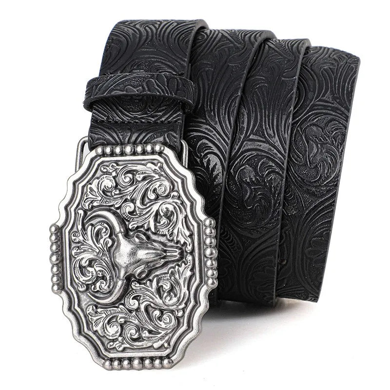 Western Bull Ox Head Leather Buckle Belt