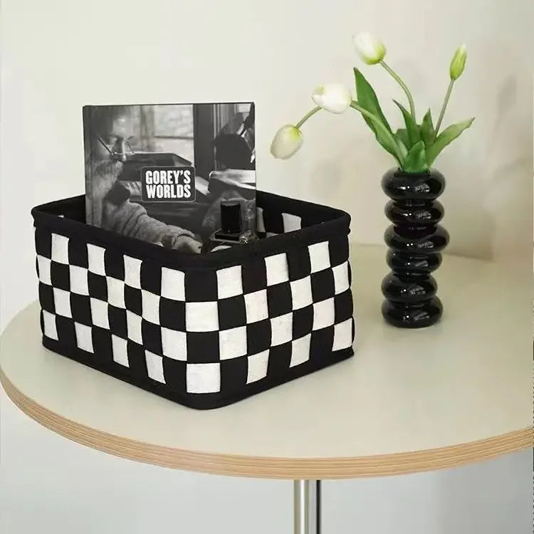 Black and White Checkered Storage Basket Desktop Cosmetics Storage Organizer Snack and Toy Storage Basket Home Decor