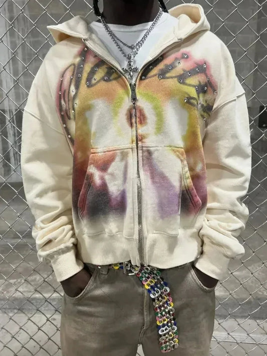 Cream Tie Die Saint Zip Up Hoodie
