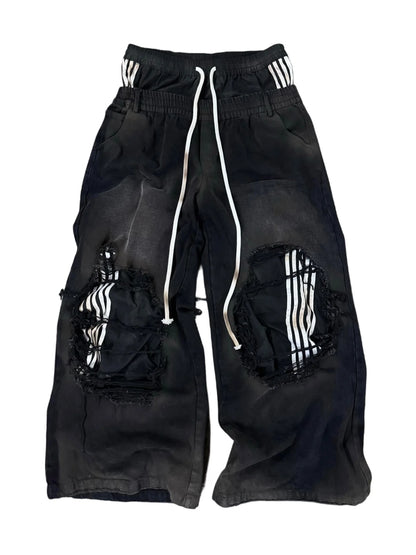 2026 New Y2K Korean fashion brand stripe hole baggy jeans harajuku men women street hip hop casual couple Wide-leg pants