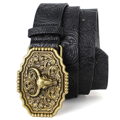 Western Bull Ox Head Leather Buckle Belt