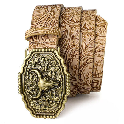 Western Bull Ox Head Leather Buckle Belt