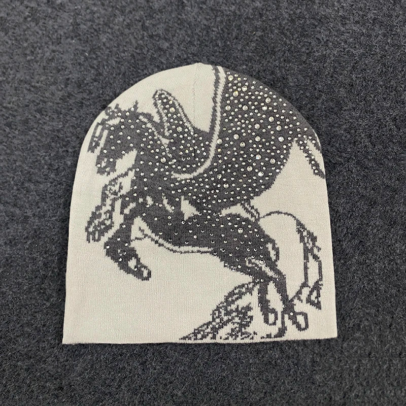 Y2k Diamond Studded Pegasus Horse Design Beanie