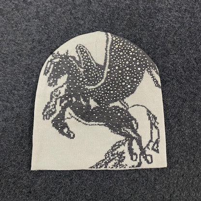 Y2k Diamond Studded Pegasus Horse Design Beanie