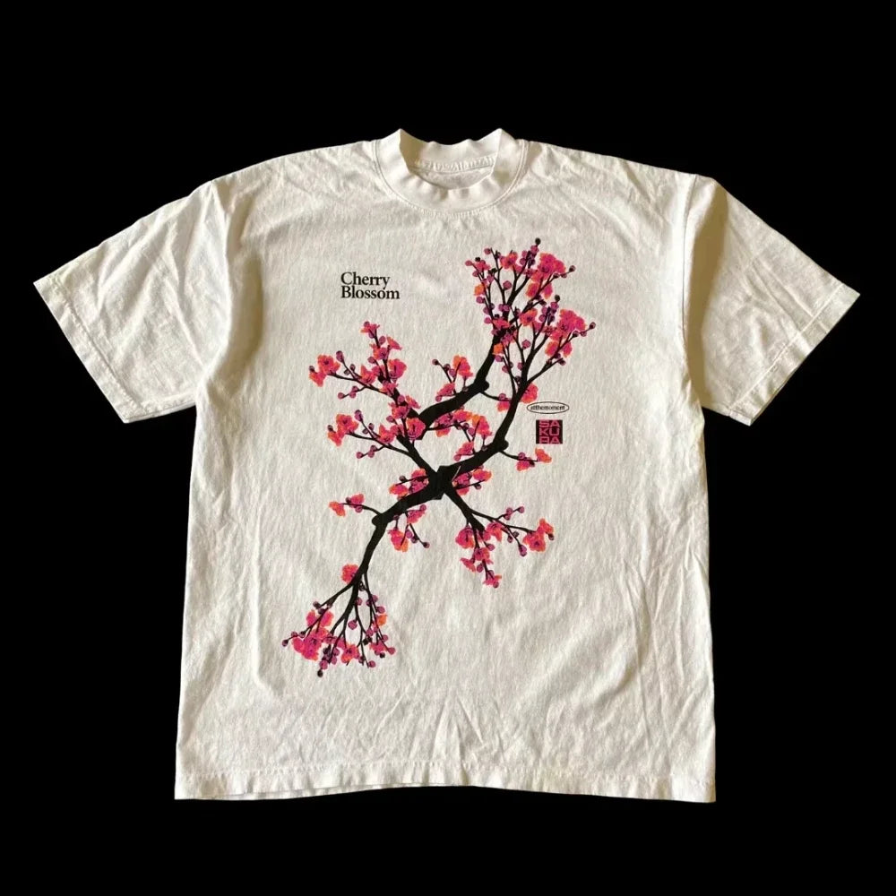 Y2k Large Kawaii T Shirt Men Women GothVintage Harajuku Classic Peach Blossom Print Casual Street Short Sleeve Round Neck Tshirt