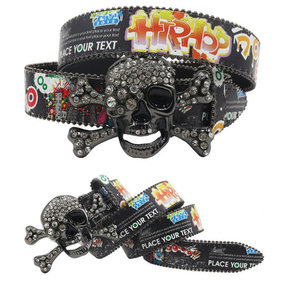 Big Skull Punk Black Rhinestone Belt Ladies Designer Belt Diamond Soldier Belt Western Cowboy Y2K Fashion Belt Hip Hop Graffiti