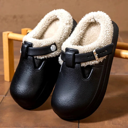 Waterproof Eva Furry Mules Slippers Women 2025 Winter Metal Buckle Warm Plush Slippers Soft Thick Bottom Non Slip Indoor Slides