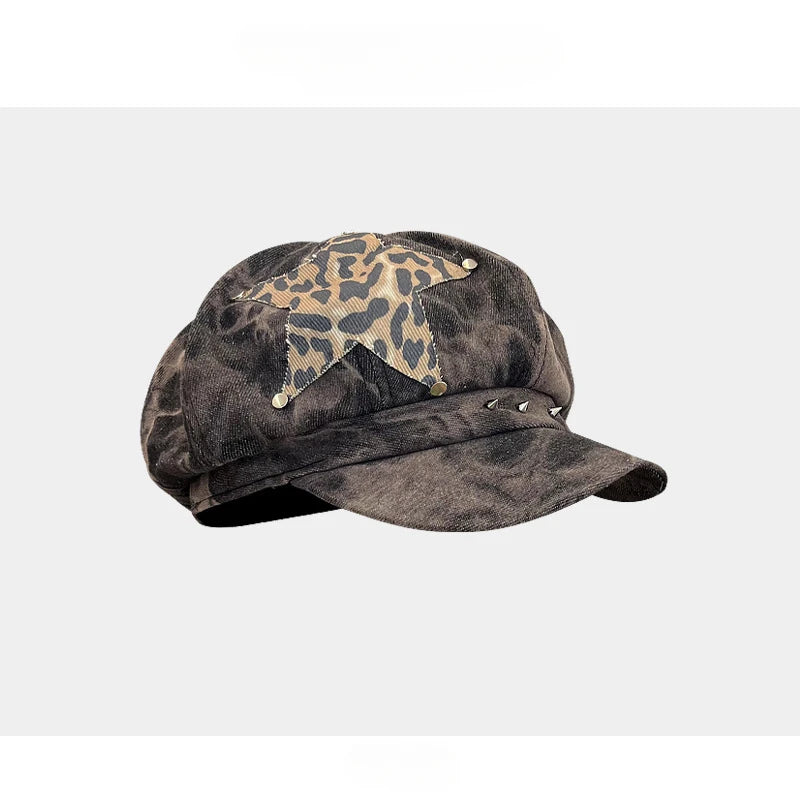 Punk Rivet Star Sticker Berets for Women Fashion Hip Hop Hats Versatile Retro Tie-dye Newsboy Hats