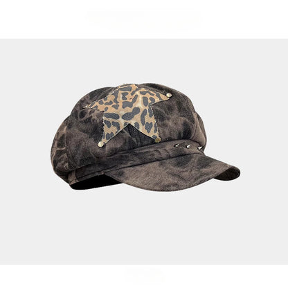Punk Rivet Star Sticker Berets for Women Fashion Hip Hop Hats Versatile Retro Tie-dye Newsboy Hats