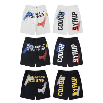 Hip Hop That's A Awful Lot of Cough Syrup Gun Print Short Pants High Quality Men Women Drawstring Black White Loose Shorts