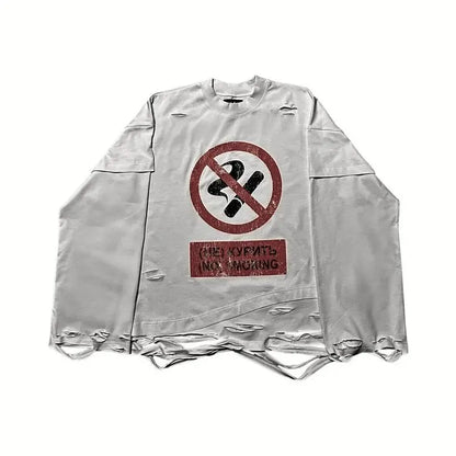 Y2K Cigarette Pattern Print Streetwear Harajuku Hip Hop Ripped Long Sleeve Top Gothic Fashion Crew Neck Sweatshirt Men Women