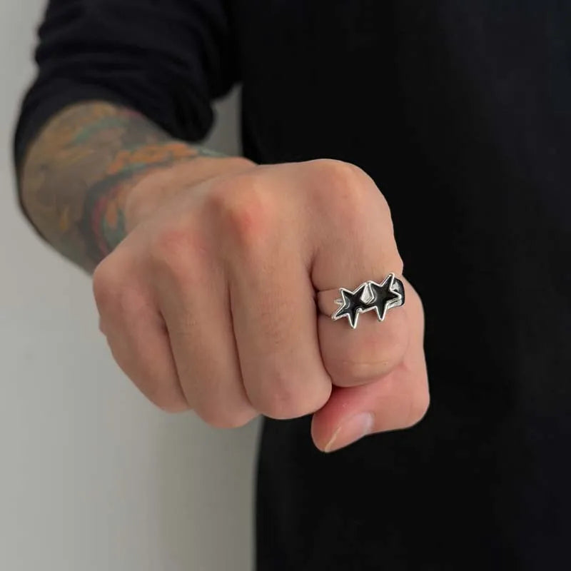 Vintage Black Drip Oil Pentagram Star Open Rings for Women Men Hip Hop Rock Metal Star Adjustable Couple Rings Jewelry