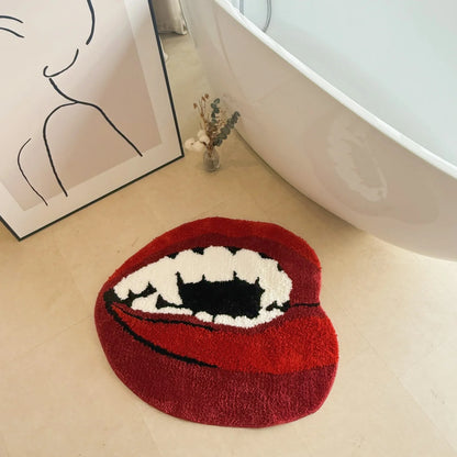 Red Lips Shaped Tufted Rug Aesthetic Vampire Teeth Print Soft Fluffy Non Slip Floor Flocking Mat for Bedroom Decor
