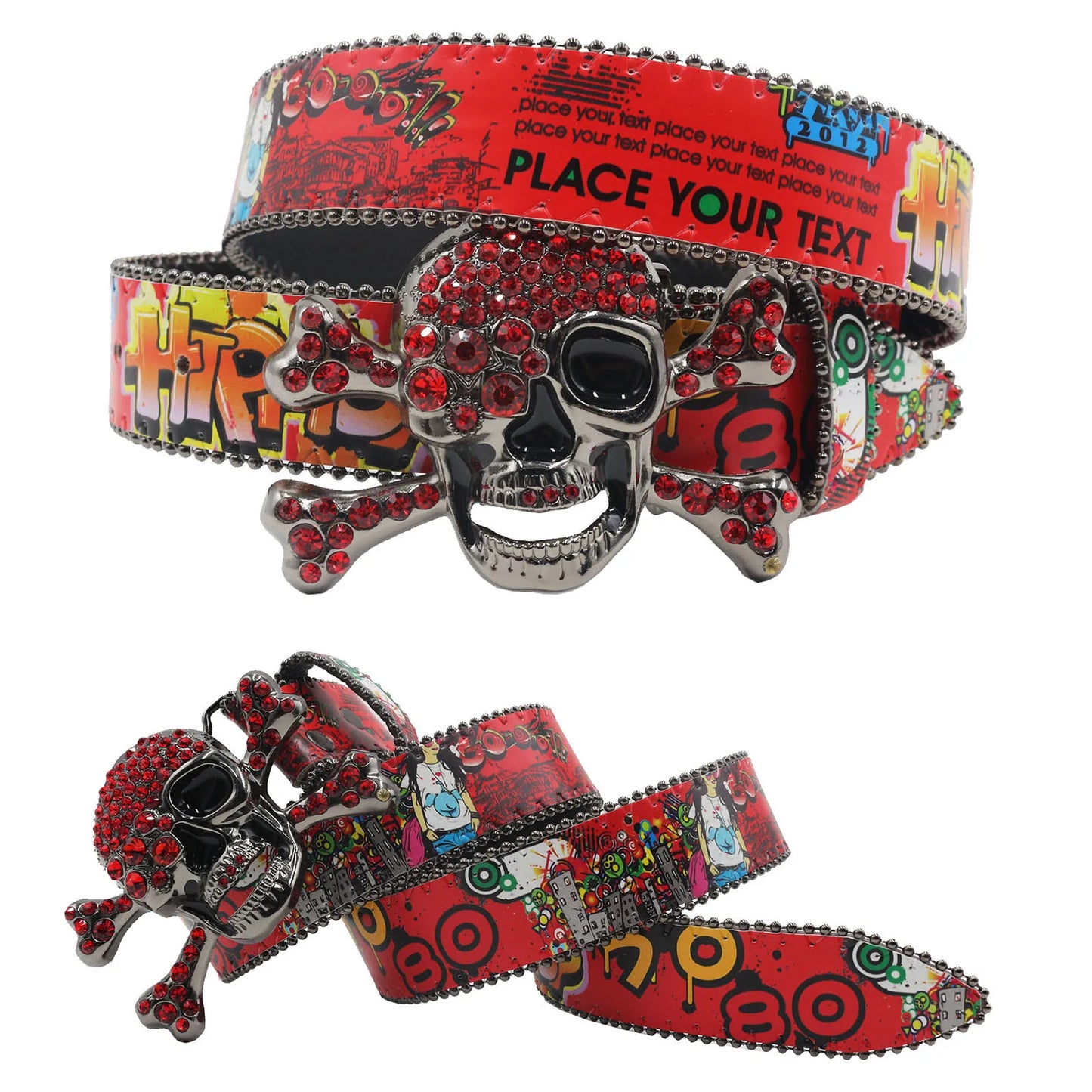 Big Skull Punk Black Rhinestone Belt Ladies Designer Belt Diamond Soldier Belt Western Cowboy Y2K Fashion Belt Hip Hop Graffiti